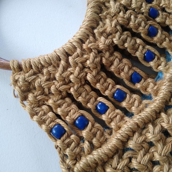 Vintage Macrame Tote Bag with Blue Wood Beads & Wood Handles - Picture 6 of 9